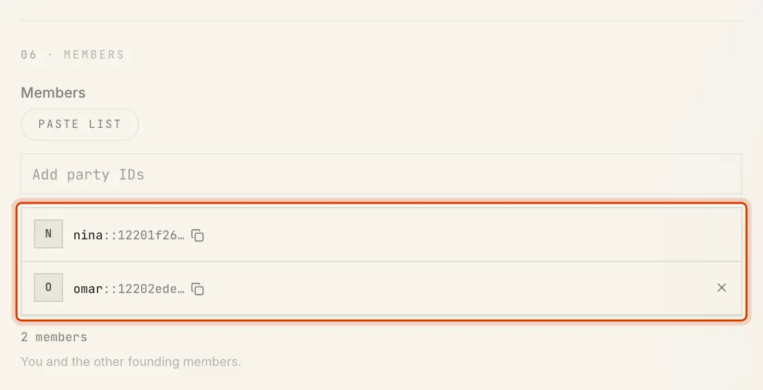 The founding members list: nina and omar, with Add party IDs and Paste list above