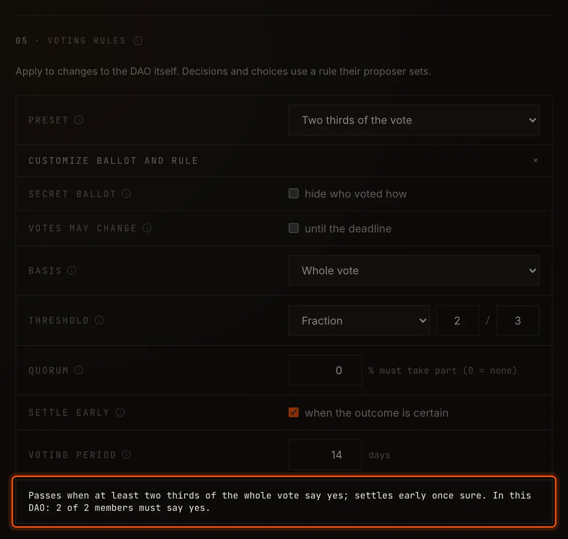 The rule settings with Customize ballot and rule open, and the line that works the rule out for this DAO