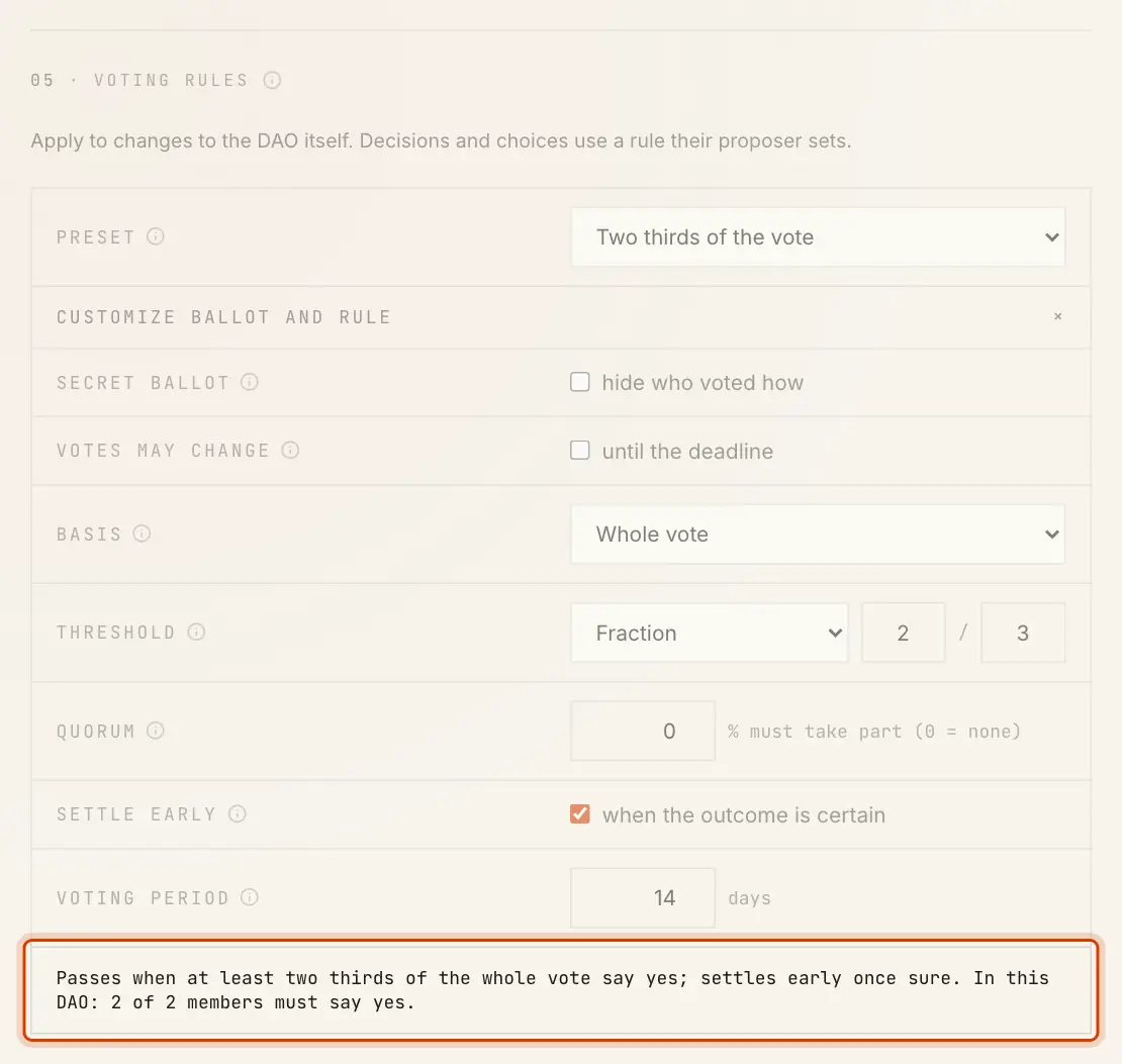 The rule settings with Customize ballot and rule open, and the line that works the rule out for this DAO