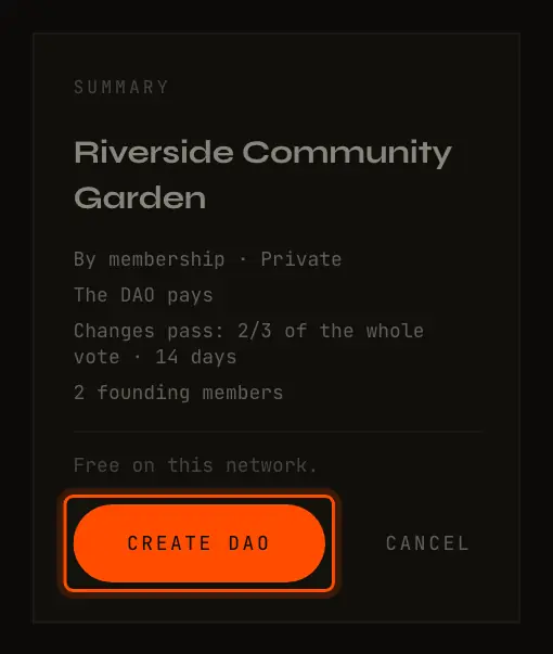 The summary beside the Create DAO form, with the Create DAO button