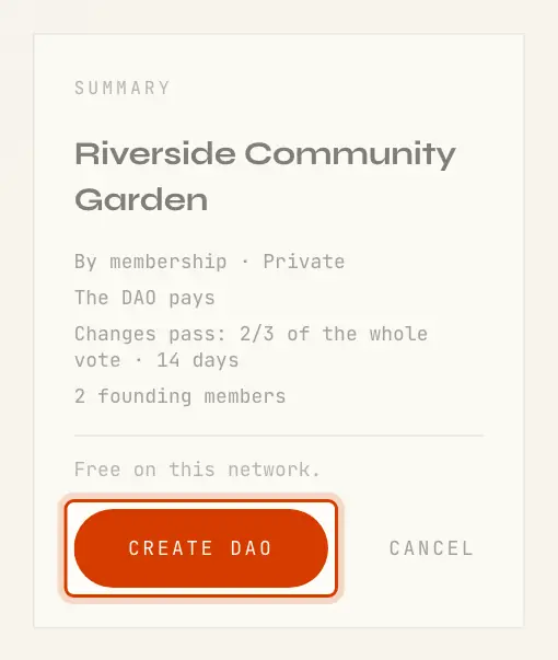 The summary beside the Create DAO form, with the Create DAO button