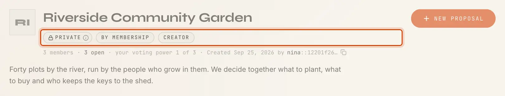 A new DAO's page header with the Private, By membership and Creator tags