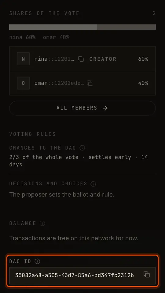 The side column of a public DAO, ending with its DAO ID and a copy button