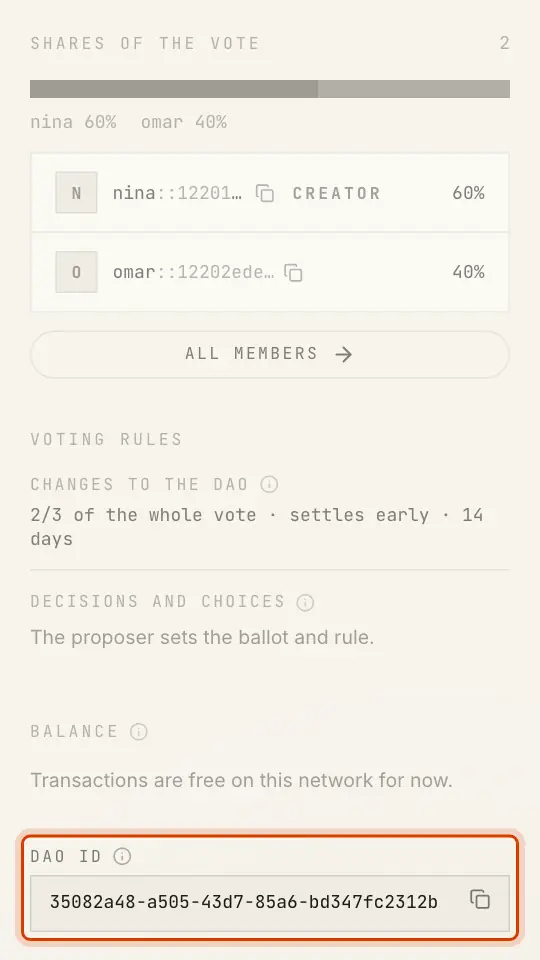 The side column of a public DAO, ending with its DAO ID and a copy button