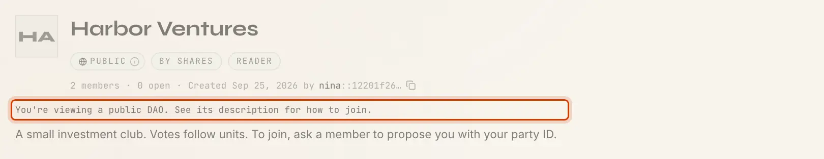 A public DAO seen by a non-member: the Reader tag and You're viewing a public DAO