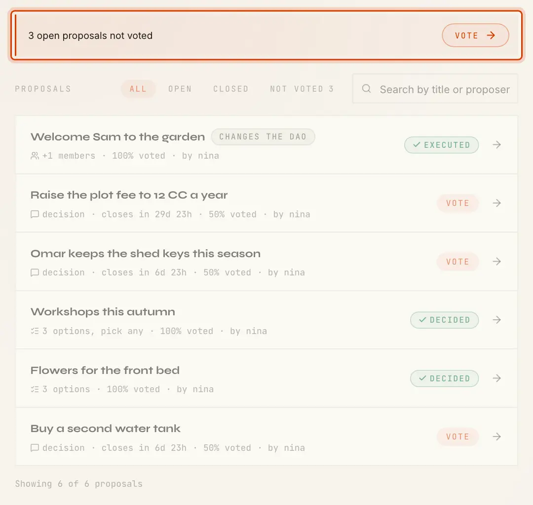 A DAO page: 3 open proposals not voted, and rows with Vote chips