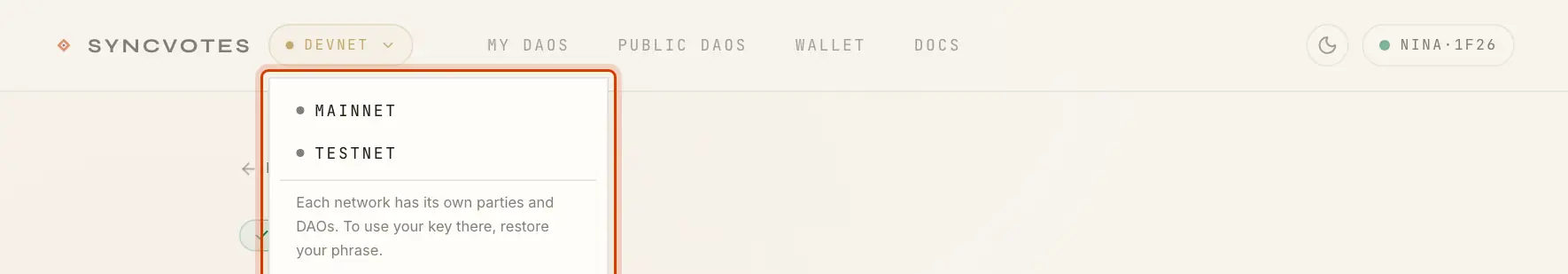 The network menu open under the DevNet pill, listing MainNet and TestNet