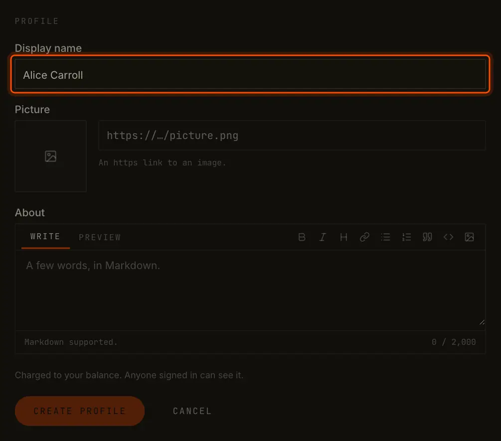 The profile form: Display name, Picture and About