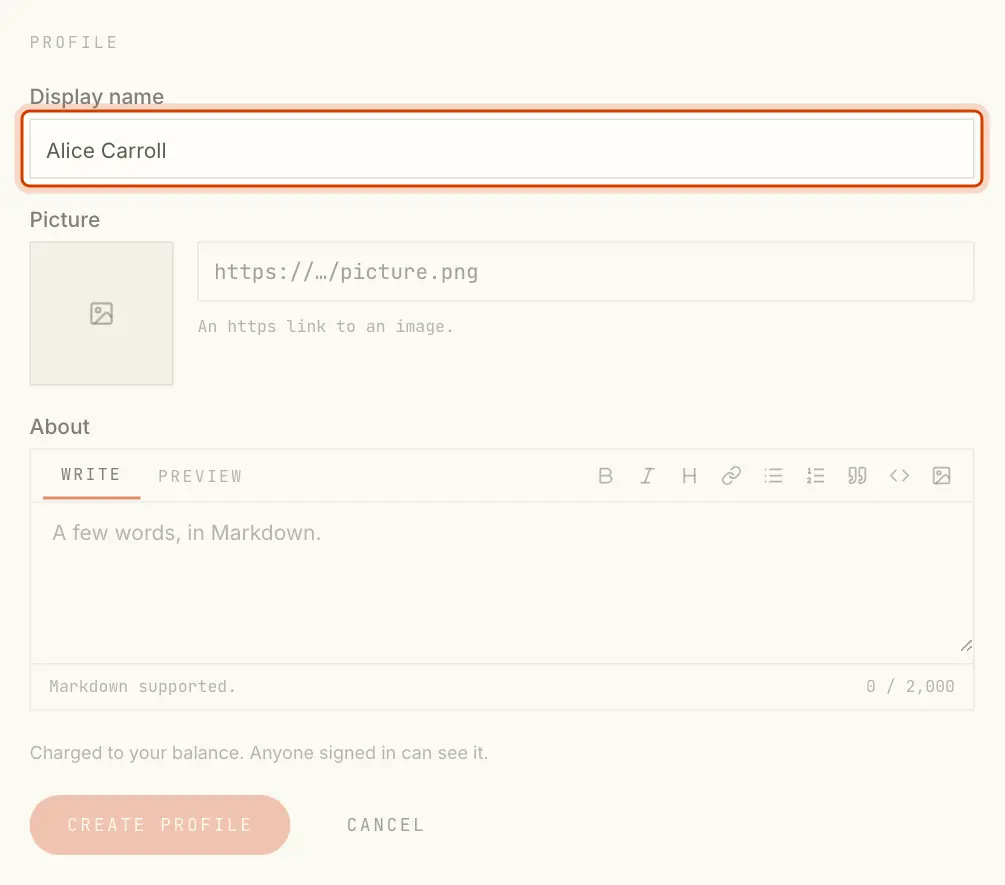 The profile form: Display name, Picture and About