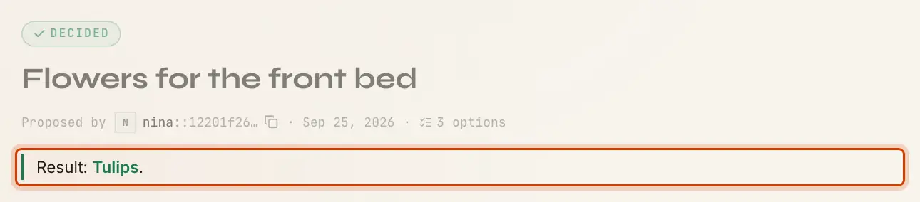 A decided choice: the Decided badge and Result: Tulips.