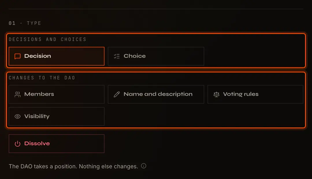 The proposal types on the New Proposal page, in two groups with Dissolve apart