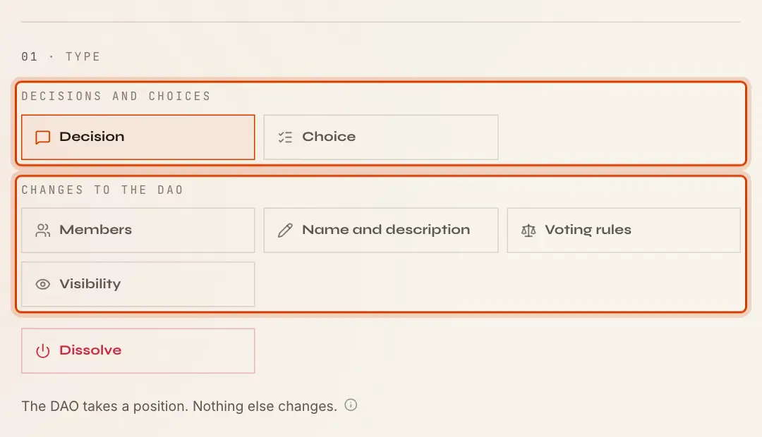 The proposal types on the New Proposal page, in two groups with Dissolve apart