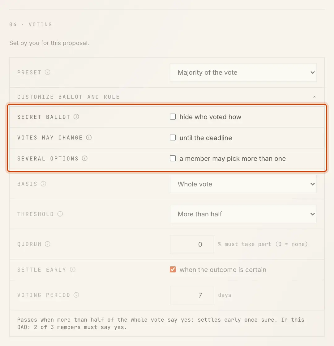 Customize ballot and rule, with Secret ballot among the ballot settings