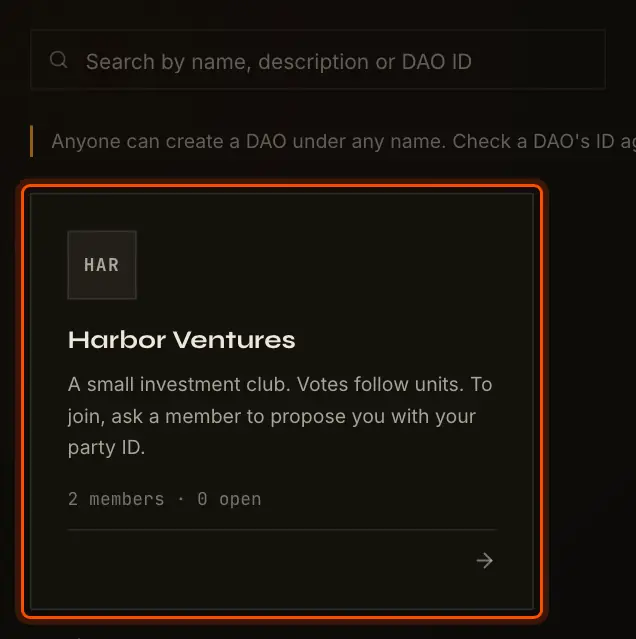 Public DAOs: the search field and a DAO card