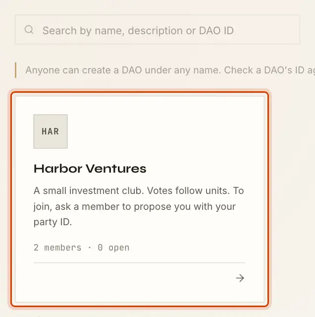 Public DAOs: the search field and a DAO card