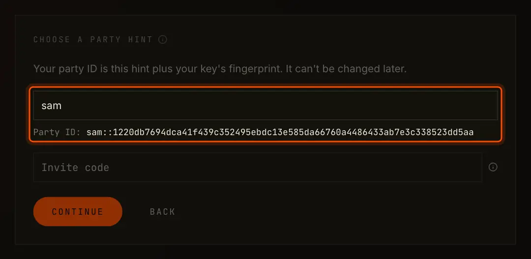 Choose a party hint: the hint field with the party ID it gives, and the invite code field