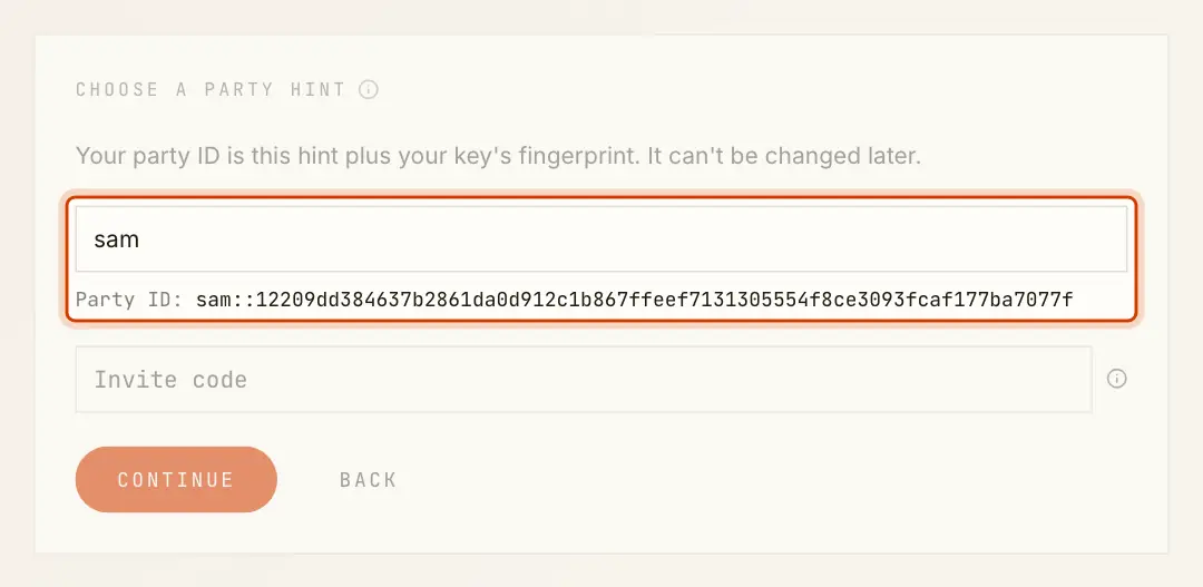 Choose a party hint: the hint field with the party ID it gives, and the invite code field