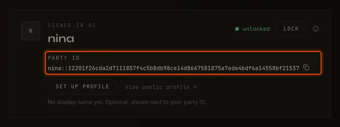 Signed in as nina, with the full party ID and a copy button