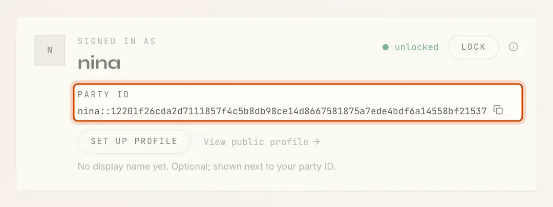 Signed in as nina, with the full party ID and a copy button