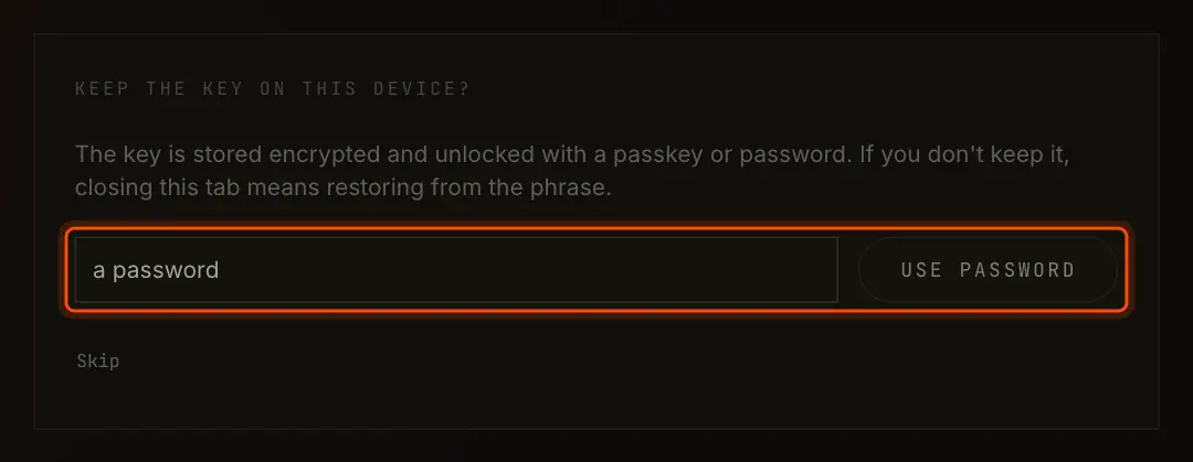 Keep the key on this device? with a password field, Use password and Skip