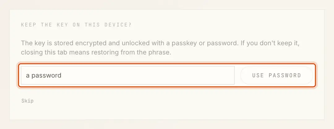 Keep the key on this device? with a password field, Use password and Skip