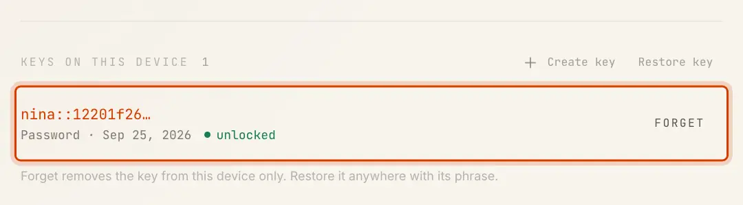 Keys on this device: one key, kept with a password, unlocked, with Forget