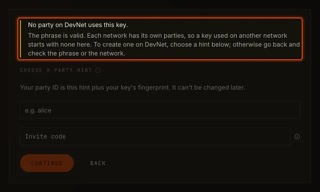 No party on DevNet uses this key, above the party hint form