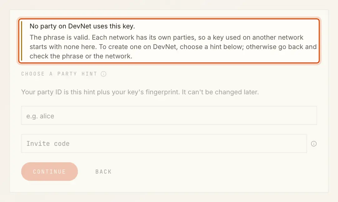 No party on DevNet uses this key, above the party hint form