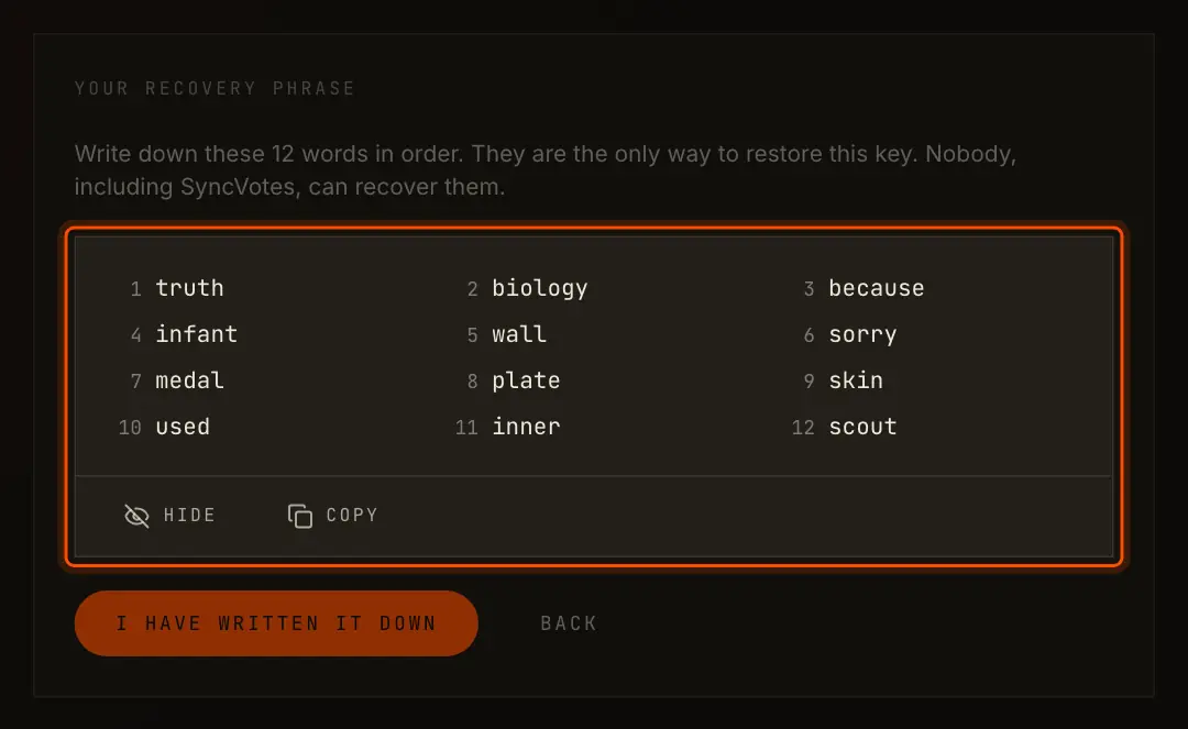 Your recovery phrase: twelve numbered words with Hide and Copy