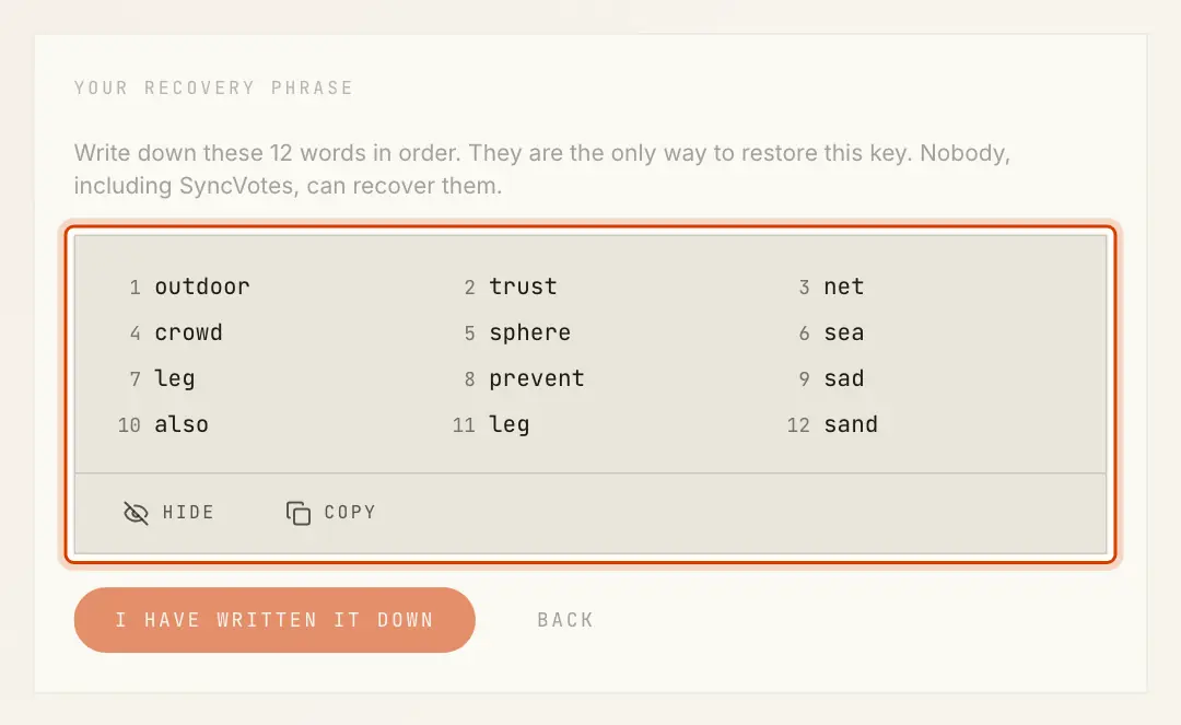 Your recovery phrase: twelve numbered words with Hide and Copy