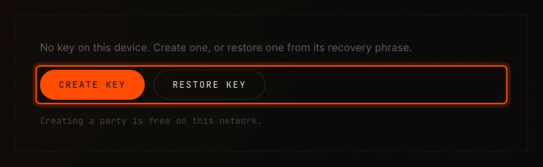 The Wallet page with no key on the device: Create key and Restore key