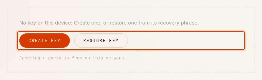 The Wallet page with no key on the device: Create key and Restore key